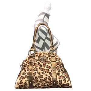 Betsey Johnson Vintage Leopard Print Fur and Metallic Gold Large Shoulder Bag